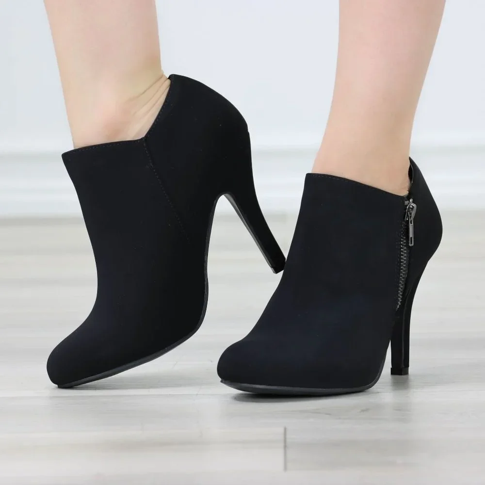 Women's Boots Heeled Ankle Booties Black Velvet Round Toe Stiletto High Heel - Picture 1 of 11